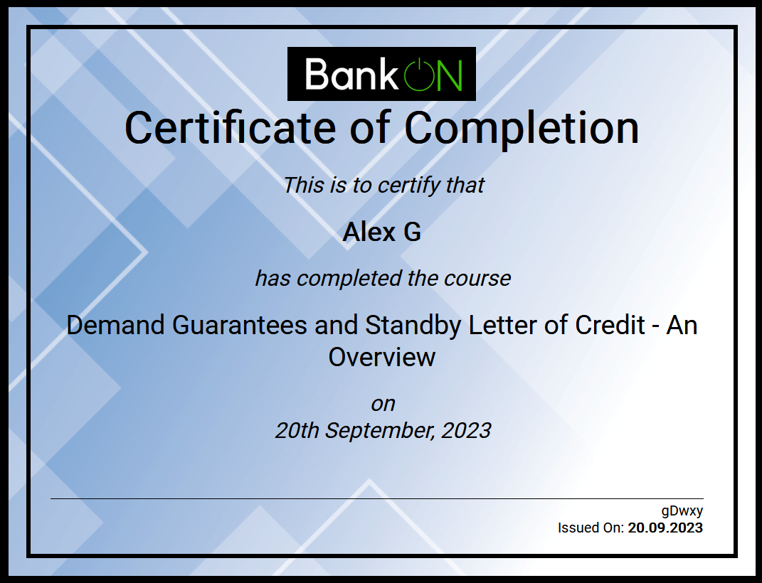 Bank Guarantee course certificate